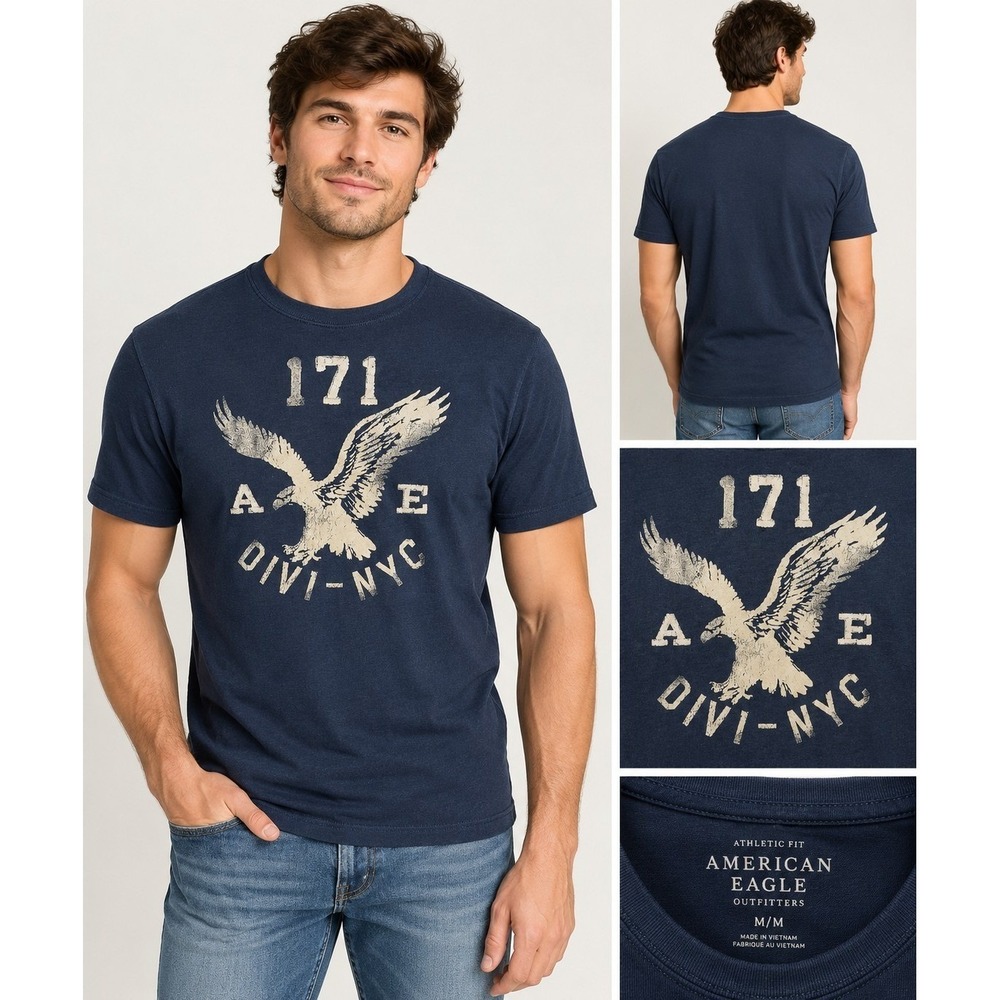 American Eagle Mens M Graphic Eagle T Shirt Navy Blue 1977 Athletic Fit